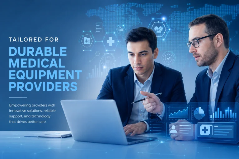 Two healthcare professionals reviewing medical equipment data on a laptop with digital healthcare analytics and blue technology graphics