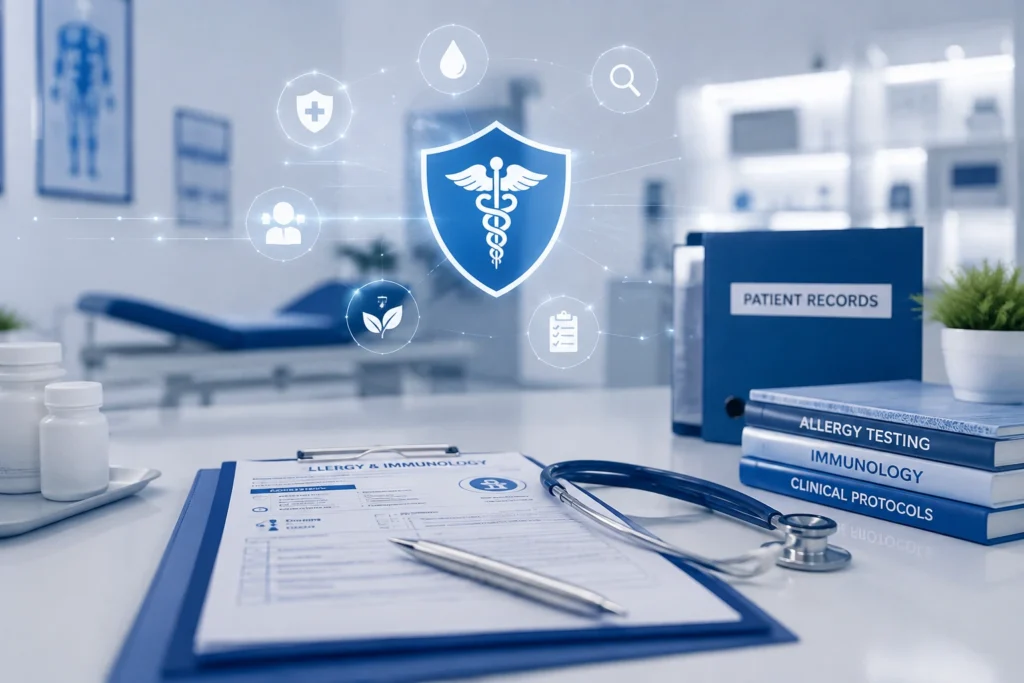 Blue-themed allergy and immunology medical office with patient records, allergy testing documents, stethoscope, and healthcare technology icons
