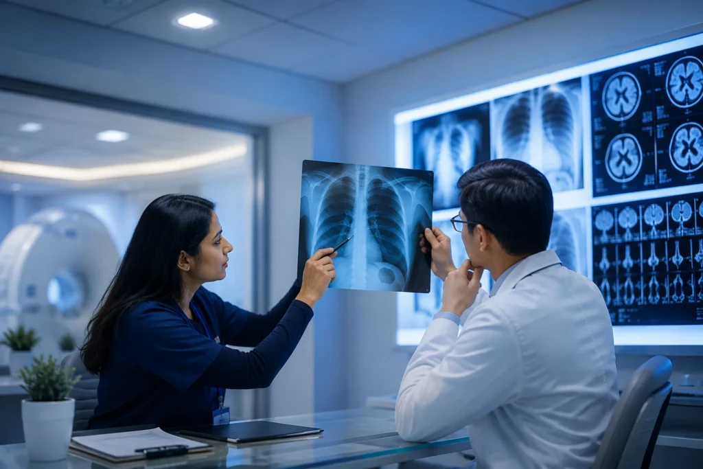 Radiology professionals reviewing a chest X-ray in a modern blue-lit diagnostic imaging center