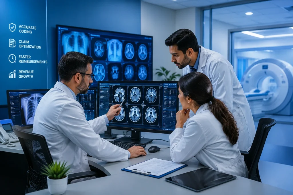 Radiology team reviewing medical imaging scans in a modern blue diagnostic center for improved billing and practice profitability