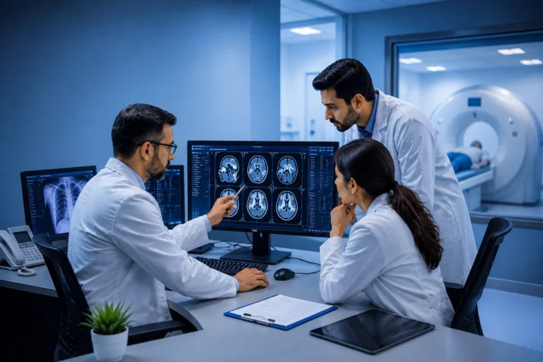 Radiology team reviewing medical imaging scans in a modern blue diagnostic center