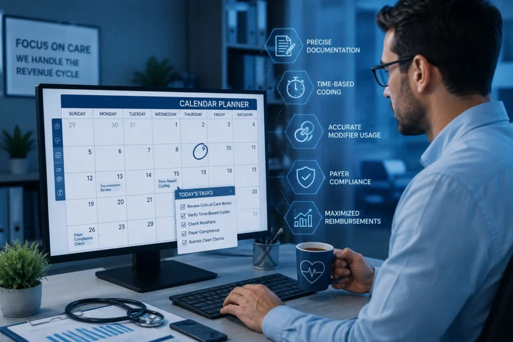 Blue-themed critical care billing office with a healthcare professional managing medical billing tasks and revenue cycle documentation