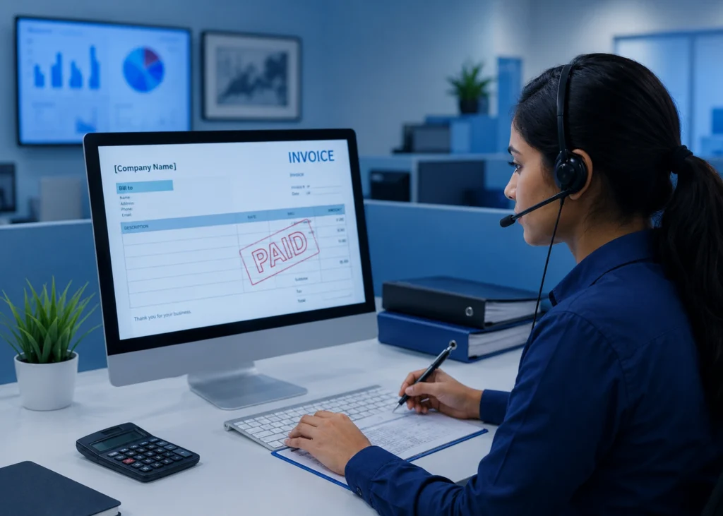 Critical care billing specialist reviewing a paid medical invoice in a blue-themed healthcare office