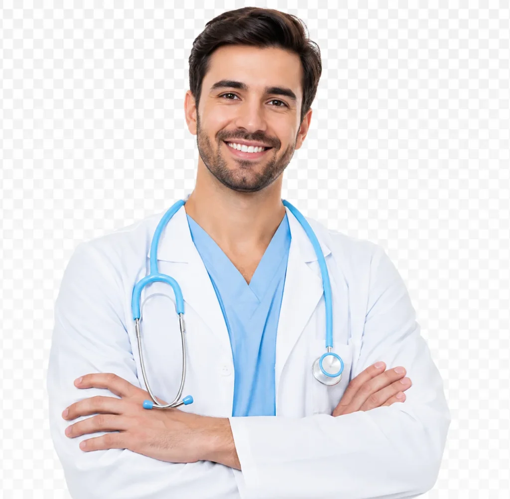 Smiling male doctor wearing a white coat and sky blue scrubs with a stethoscope.