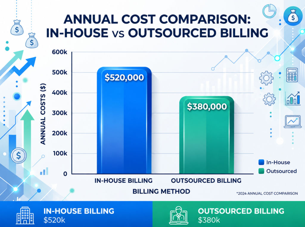 Annual cost comparison showing in-house billing at $520k and outsourced billing at $380k.