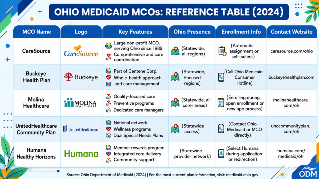 Reference table comparing Ohio Medicaid MCOs, their key features, enrollment information, and websites.