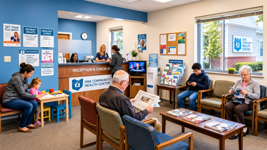 A welcoming community health center waiting room with patients, reception staff, seating, and health information displays.
