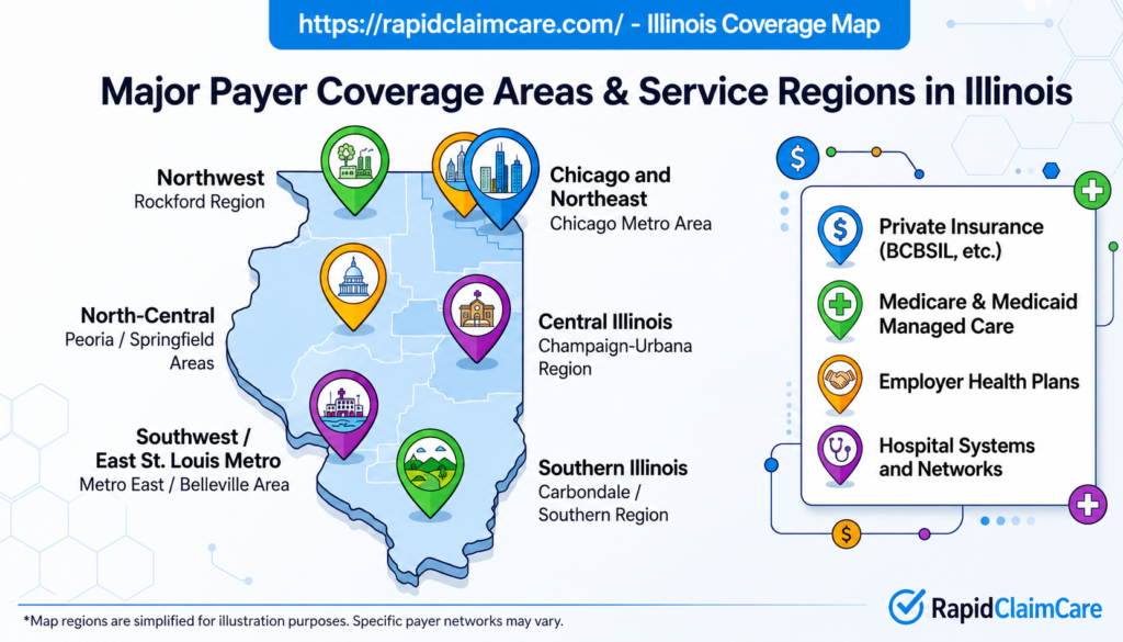 Illinois map showing major payer coverage areas and healthcare service regions.