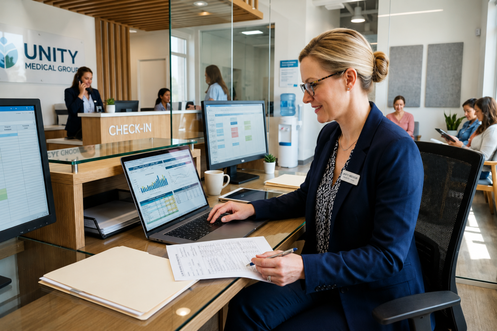 A medical receptionist working on a laptop and handling paperwork at a modern clinic check-in desk.