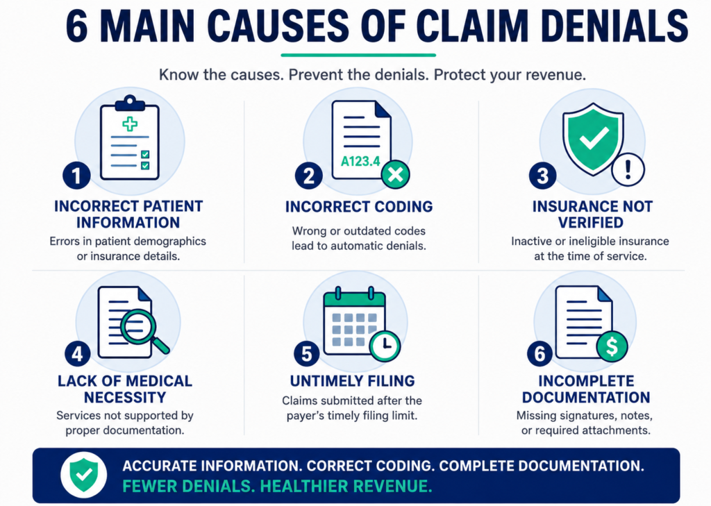 Infographic showing six common causes of claim denials, including incorrect information, coding errors, and incomplete documentation.