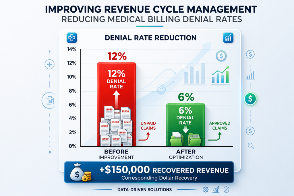 Medical billing chart showing denial rates reduced from 12% to 6% and $150,000 in recovered revenue.