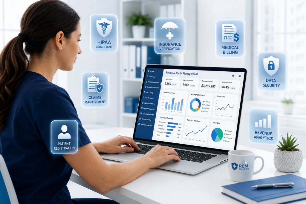 Medical billing specialist reviewing Revenue Cycle Management reports on a laptop in a modern healthcare office.