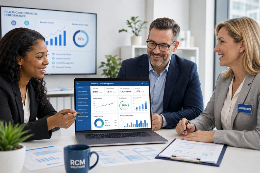 Medical billing specialist and healthcare administrators reviewing Revenue Cycle Management reports together.