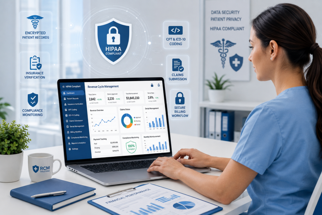 Medical billing specialist using secure HIPAA-compliant Revenue Cycle Management software in a modern office.