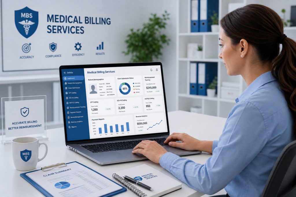 Certified medical coder reviewing patient records and medical coding software with CPT, ICD-10, and HCPCS codes.