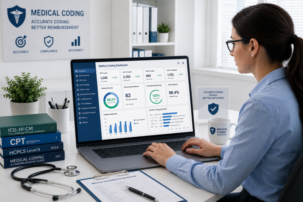 Healthcare billing expert reviewing insurance claims and medical billing software on a laptop.