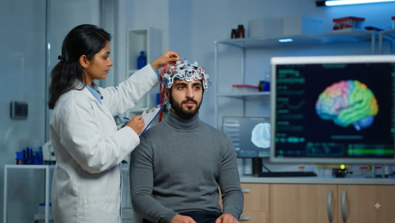 A female researcher in a lab coat adjusting an EEG/fNIRS cap on a male patient's head, with brain scans visible on a monitor in the background.