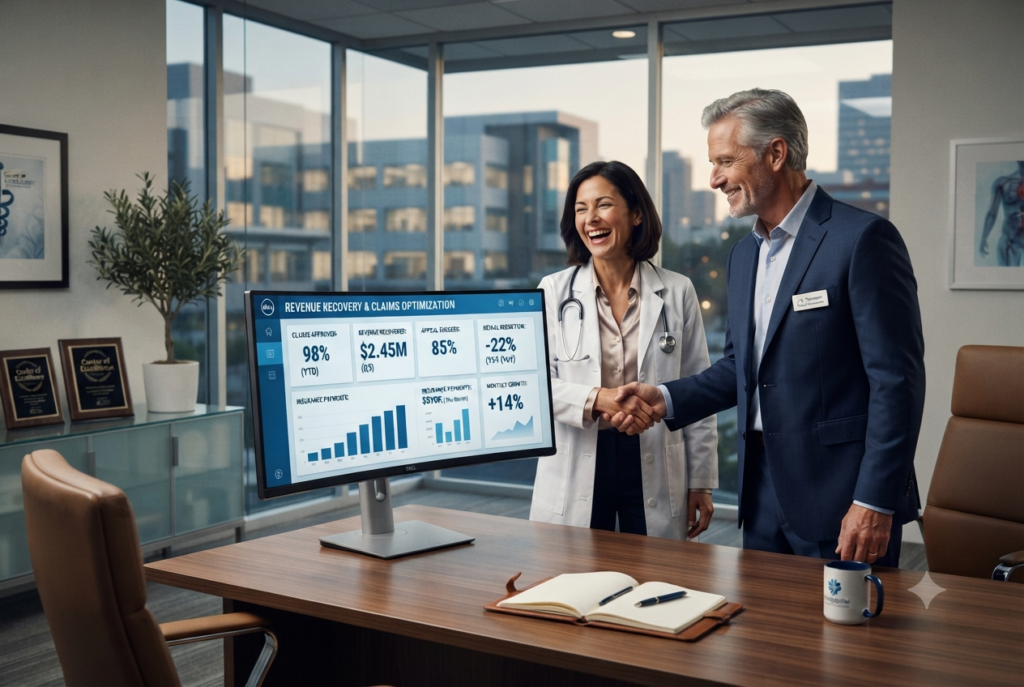 A male financial consultant and a female physician shaking hands and smiling while viewing a successful revenue recovery and claims optimization dashboard on a desktop monitor.
