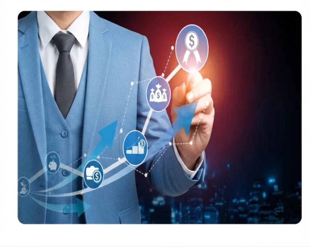 A businessman in a blue suit and tie pointing at a glowing financial growth chart and money icons on a digital display.