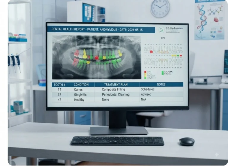 A desktop computer monitor displaying a detailed dental health report, including an X-ray with color-coded conditions and a treatment table for a patient named Anonymous.