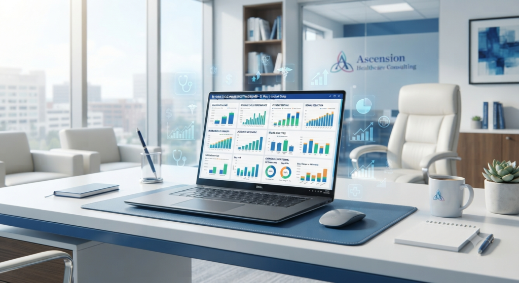 An empty luxury medical consulting office desk featuring a laptop displaying healthcare financial analytics, revenue performance, and floating blue UI icons.