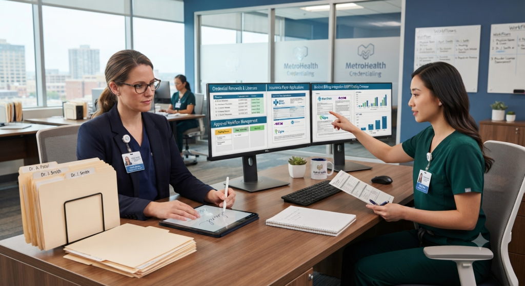 A female healthcare consultant presenting revenue cycle reports on a tablet to a male hospital administrator in a modern corporate office, with floating medical and financial icons in the background.