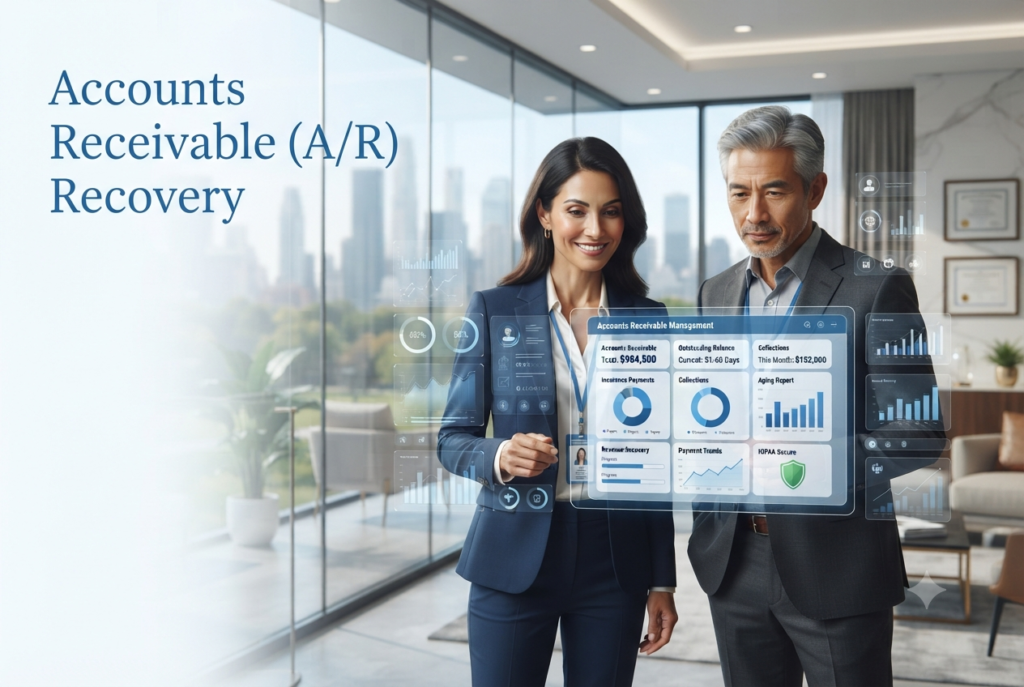 A male and female professional reviewing a detailed accounts receivable holographic dashboard in a modern office with a large window.