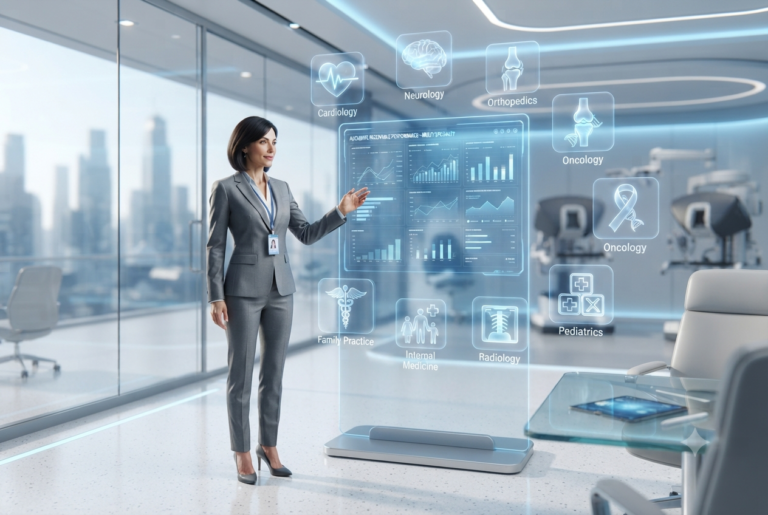 A female executive in a suit gesturing towards a large holographic display showing performance metrics for various medical specialties like Cardiology and Orthopedics.