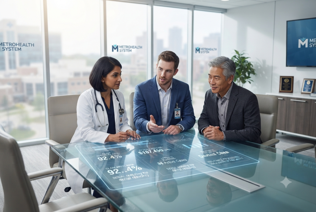 A female physician, a male billing specialist, and a healthcare consultant collaborating around a digital glass table displaying claim approval and denial analytics.