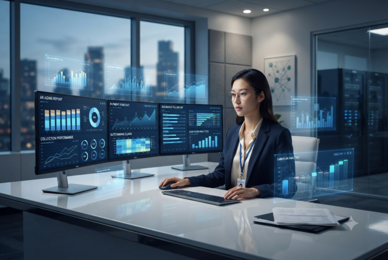 : A focused female analyst working on three monitors displaying complex healthcare financial dashboards in a modern data center.