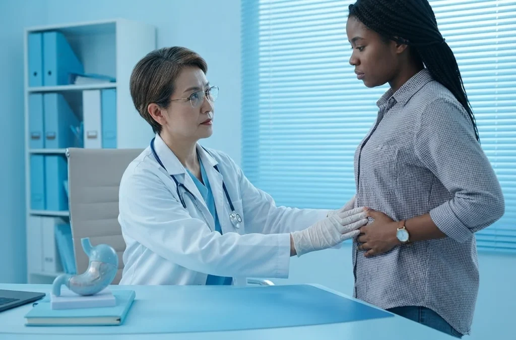 A female doctor in a clinic examines a patient's abdomen.
