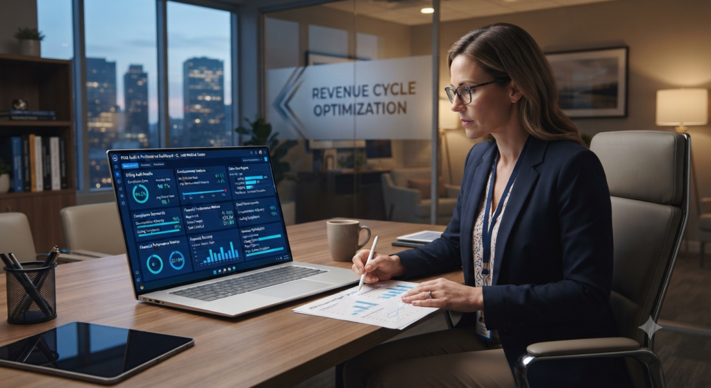 A billing auditor reviewing revenue cycle assessment reports and compliance scorecards on a laptop in a modern executive office.