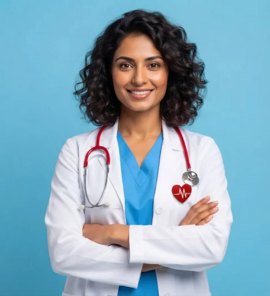 A friendly female doctor with curly dark hair wearing a white lab coat and stethoscope against a blue background.