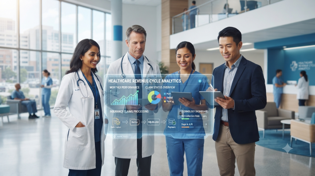 A senior male doctor and a female healthcare compliance consultant reviewing a compliance dashboard on a tablet in a modern office, surrounded by floating digital icons for JCI, HIPAA, and Quality Assurance.