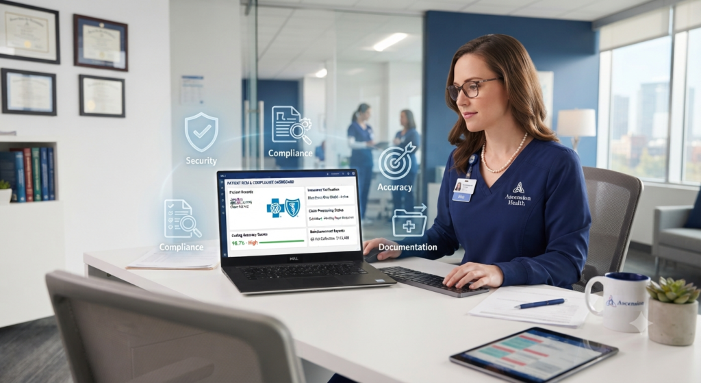 A female healthcare specialist in blue scrubs working at a dual-monitor setup in a secure, modern office, with the screens displaying "Secure RCM Dashboard" and "Claims Processing" data and data security shield icons.