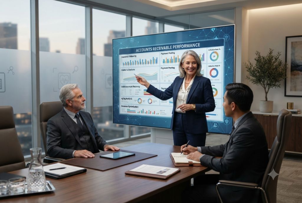 A senior female executive presenting an accounts receivable performance report to two male colleagues in a corporate boardroom.