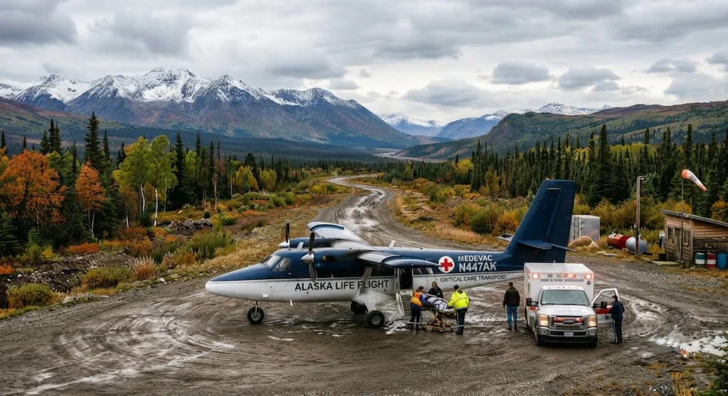 A photo of a medical team loading a patient from an ambulance onto an Alaska Life Flight airplane on a remote, muddy dirt strip in the Alaskan wilderness with snow-capped mountains in the background.