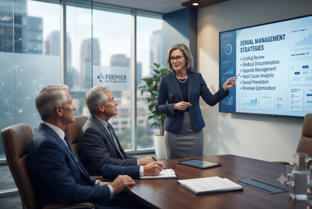 Healthcare Denial An experienced female revenue cycle manager presenting denial management and coding review strategies to two executives using a large wall-mounted screen.