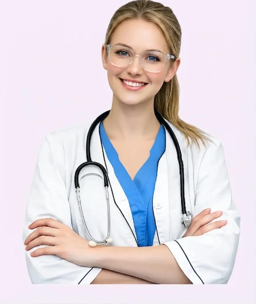 A female doctor in a white coat with a stethoscope, holding a tablet.