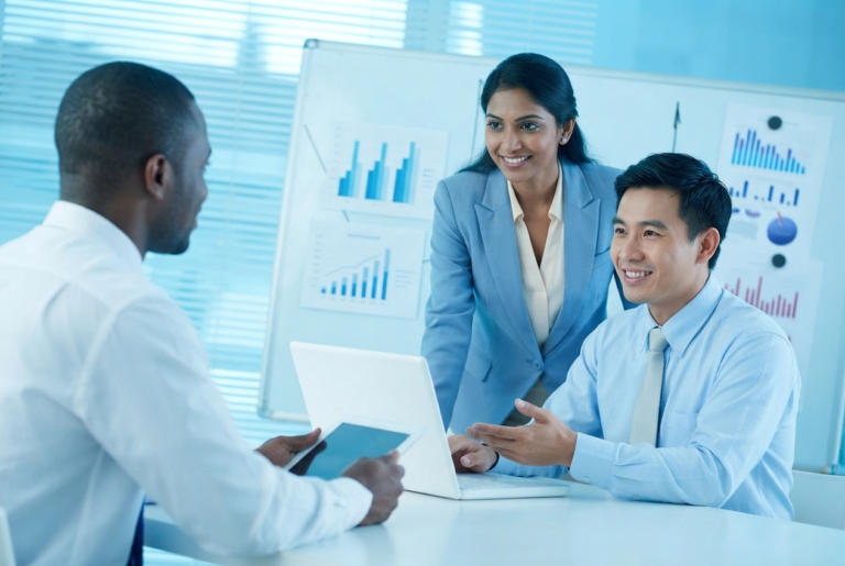 A diverse group of business professionals in a sky blue-themed meeting room discussing data with laptops and charts on the whiteboard