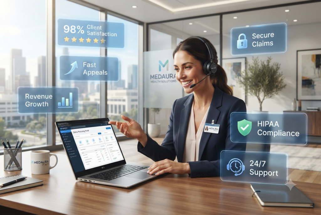 A smiling female healthcare support specialist wearing a headset while reviewing insurance claims on a laptop, surrounded by floating UI panels showing client satisfaction and HIPAA compliance.