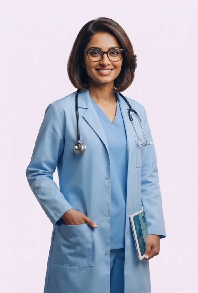 A male doctor in a white coat presenting revenue cycle management charts and billing information.