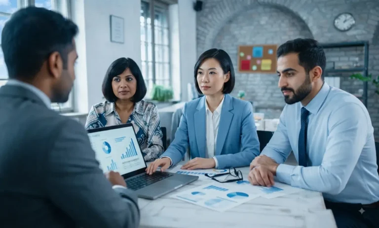 Urgent care billing professional reviewing practice information with a patient in a modern clinic