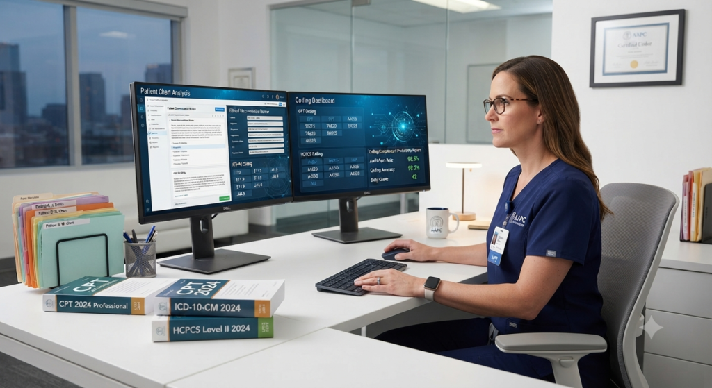 A female healthcare consultant presenting revenue cycle reports on a tablet to a male hospital administrator in a modern corporate office, with floating medical and financial icons in the background.
