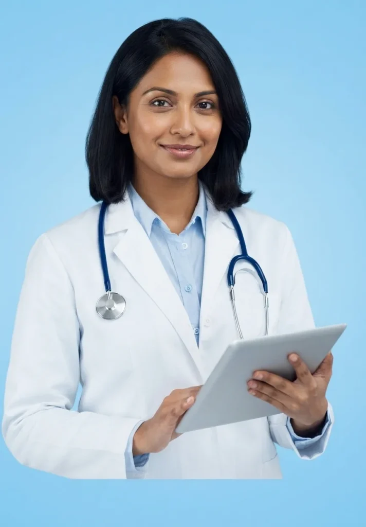 A female doctor wearing a white coat and stethoscope, holding a silver tablet.