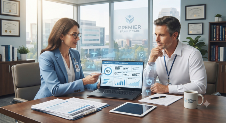 A male doctor and a female professional reviewing a performance dashboard on a tablet at an Ascension Health facility, surrounded by floating holographic icons for JCI, HIPAA, and Quality Assurance.