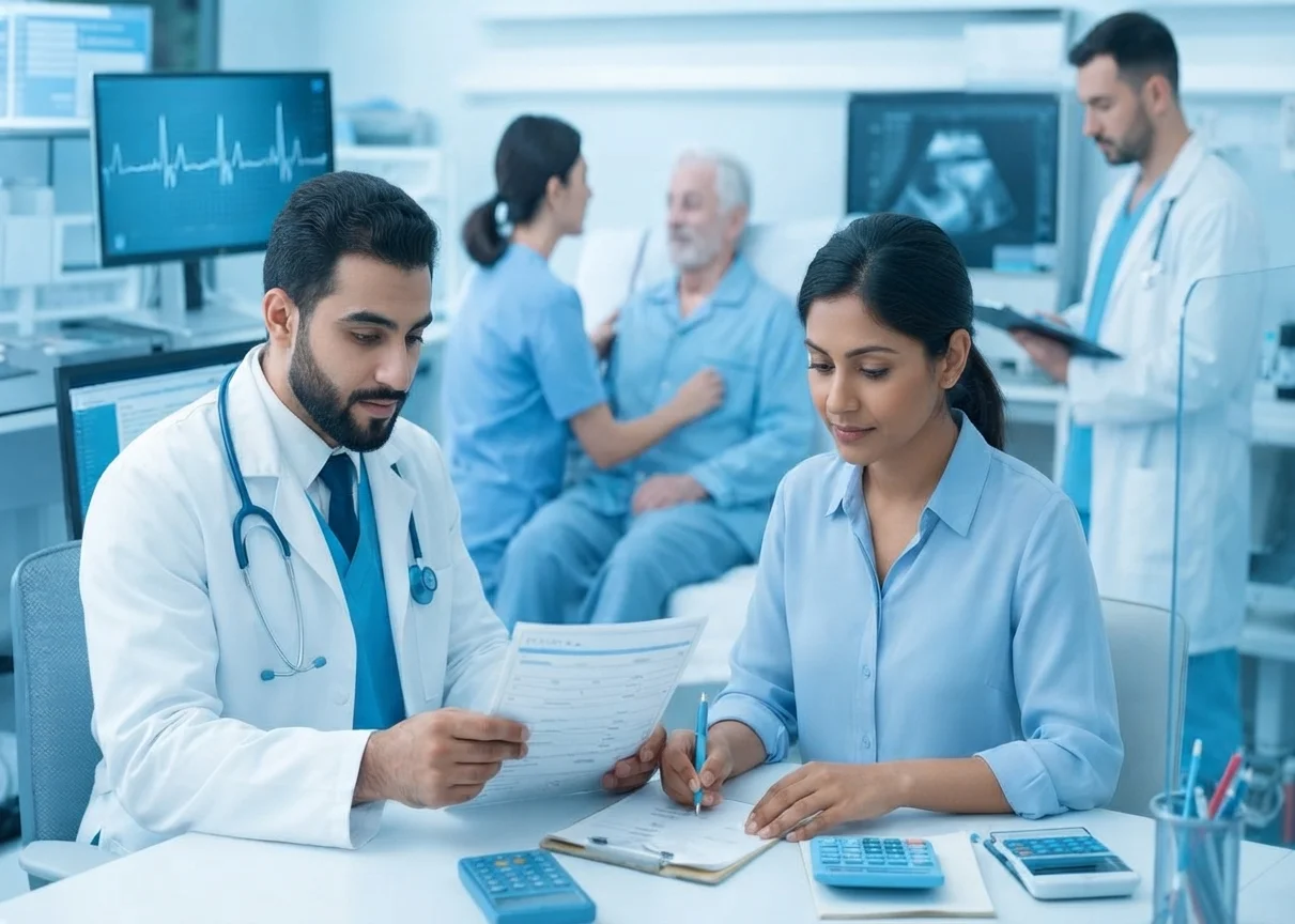 A diverse team of medical professionals reviewing medical files and charts at a hospital desk with patient care in the background.