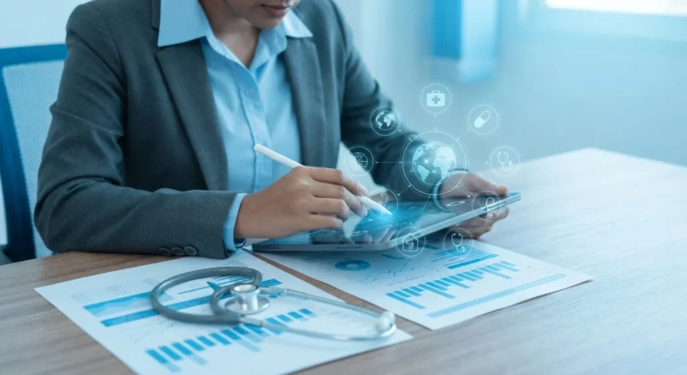 A silver and grey medical stethoscope is placed on top of printed white paper reports filled with blue bar graphs and pie charts on a wooden desk.