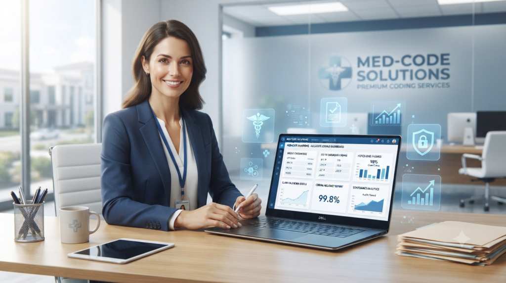 A senior male doctor and a female healthcare consultant reviewing a compliance dashboard on a tablet in a modern office, surrounded by floating digital icons for JCI, HIPAA, and Quality Assurance.