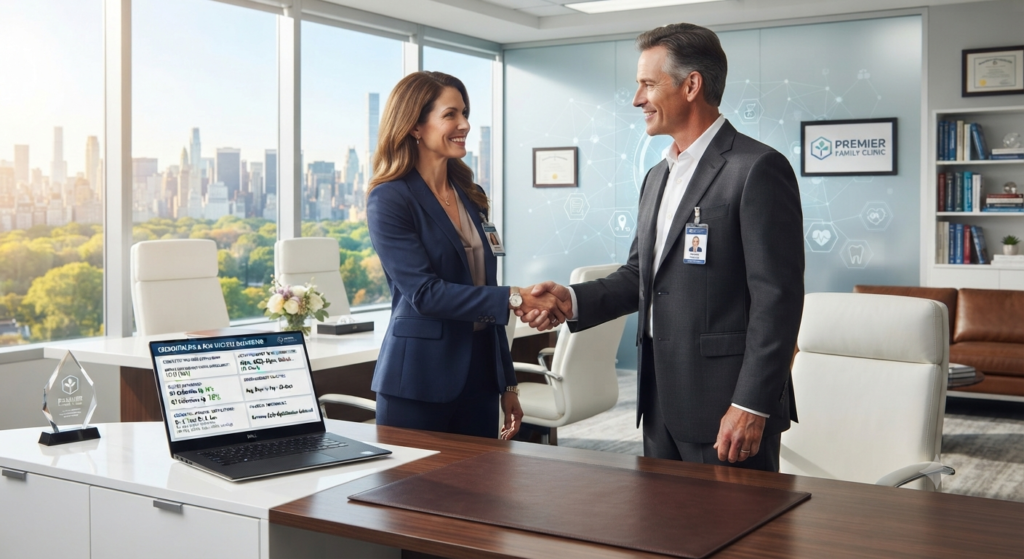 A female medical coding specialist presenting coding performance analytics on a laptop to a male healthcare administrator in a modern executive office, with a blue digital healthcare growth graphic in the background.
